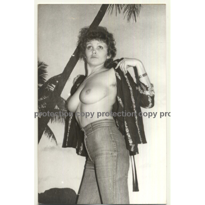 Cheeky Busty Semi Nude Curlyhead *3 / Jeans - Photo Wallpaper (Vintage Photo B/W GDR 1970s)