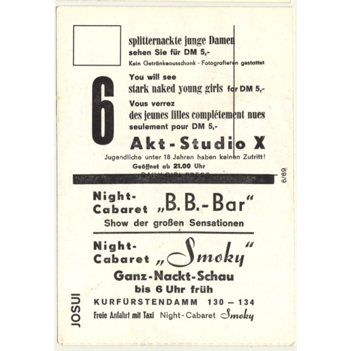 Nude Showgirl Josui / Akt-Studio X - Kurfürstendamm (Vintage PC Berlin 1960s)