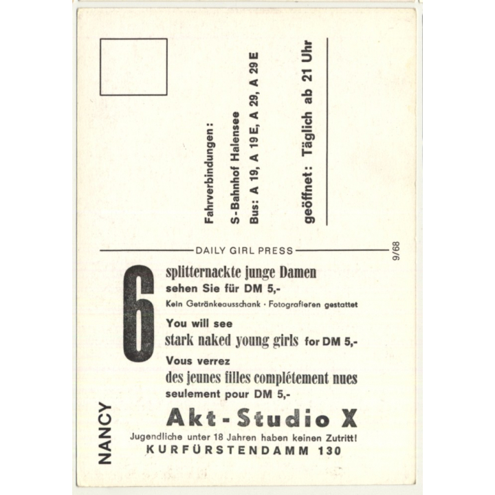 Nude Showgirl Nancy / Akt-Studio X - Kurfürstendamm (Vintage PC Berlin 1960s)