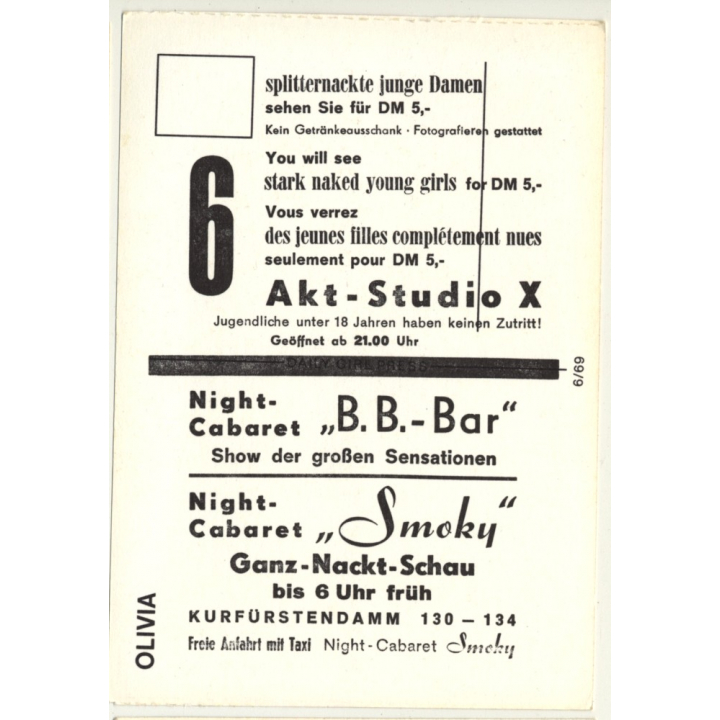 Nude Showgirl Olivia / Akt-Studio X - Kurfürstendamm (Vintage PC Berlin 1960s)