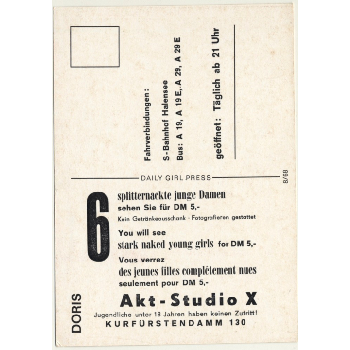 Nude Showgirl Doris / Akt-Studio X - Kurfürstendamm (Vintage PC Berlin 1960s)