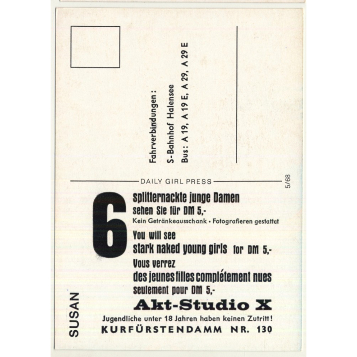 Nude Showgirl Susan / Akt-Studio X - Kurfürstendamm (Vintage PC Berlin 1960s)