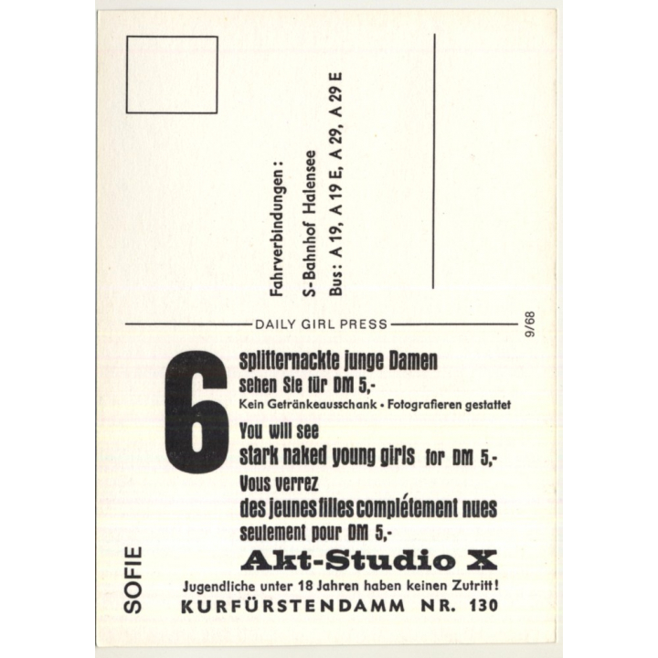 Nude Showgirl Sofie / Akt-Studio X - Kurfürstendamm (Vintage PC Berlin 1960s)