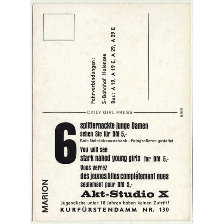 Nude Showgirl Marion / Akt-Studio X - Kurfürstendamm (Vintage PC Berlin 1960s)