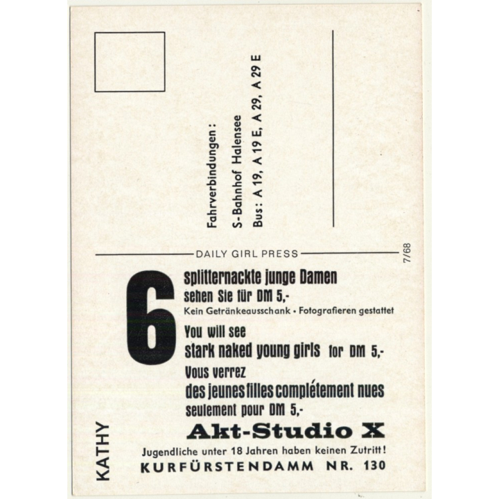 Nude Showgirl Kathy / Akt-Studio X - Kurfürstendamm (Vintage PC Berlin 1960s)