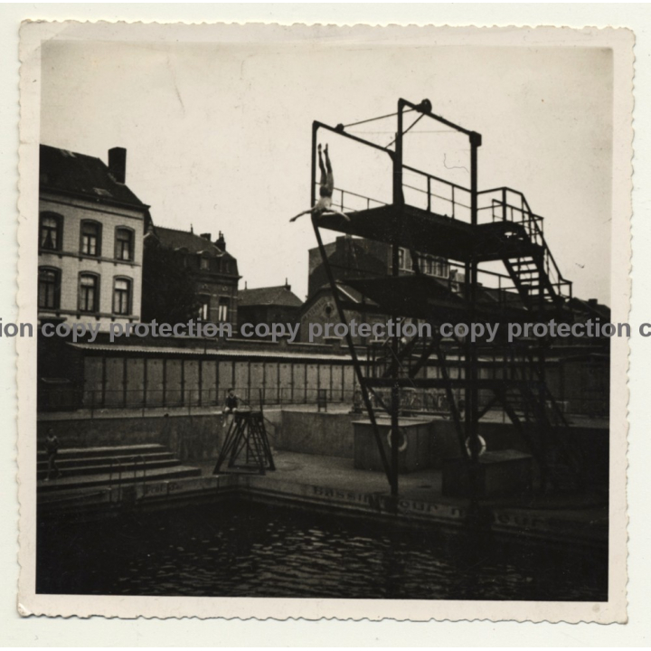 Male High Diver Jumps From Diving Platform / Header (Vintage Photo ~1940s)