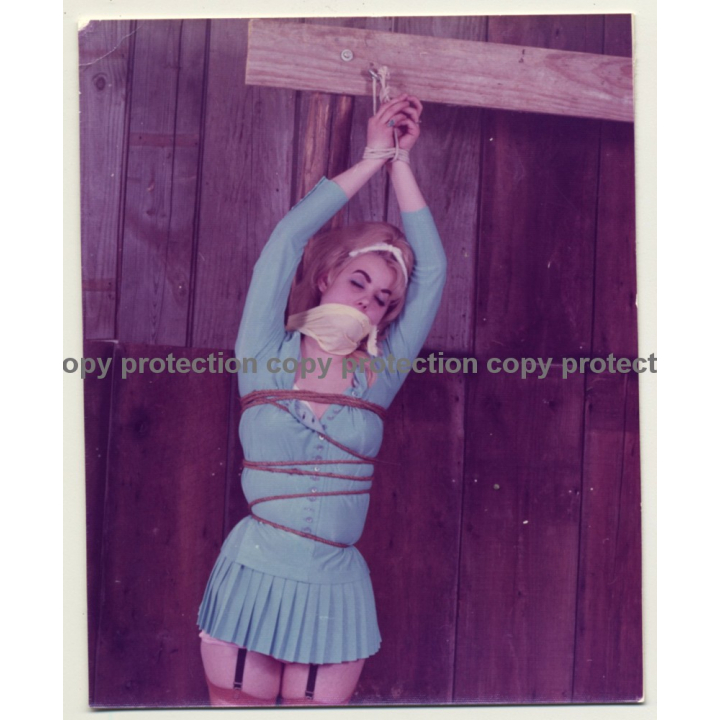 Blonde Female In Mini Dress Tied To Bar *2 / Bondage - BDSM (Vintage Photo USA ~1970s)