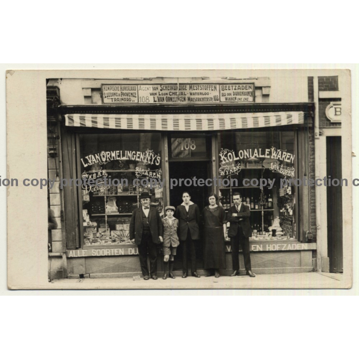 Maestrichterstr. 108 Waterloo: L. Van Ormelingen Nys Koloniale Waren (Vintage RPPC ~ 1910s)