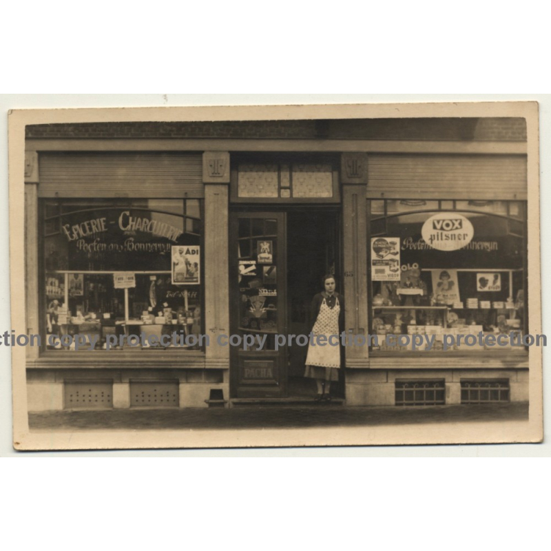 Bonneville / Belgium: Epicerie - Charcuterie / Vox Pilsener - Persil Henco (Vintage RPPC ~ 1910s/1920s)