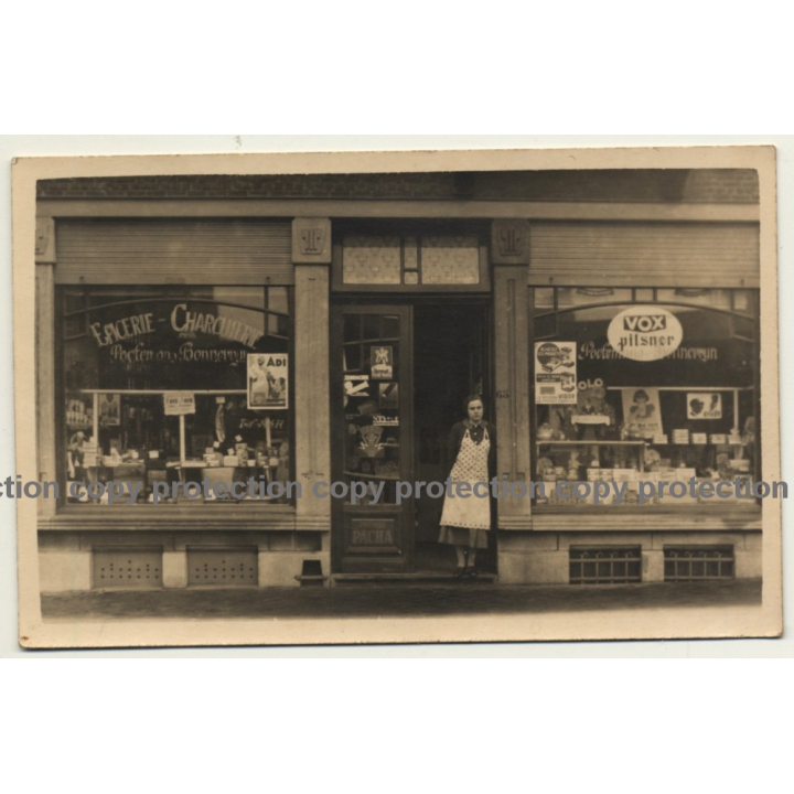 Bonneville / Belgium: Epicerie - Charcuterie / Vox Pilsener - Persil Henco (Vintage RPPC ~ 1910s/1920s)