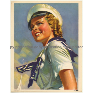 Blonde Girl In Marine Uniform (Vintage Print Belgium 1940s/1950s  ~ 31 x 24 CM)