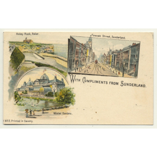 UK: With Compliments From Sunderland (Vintage Court Size Postcard ~1900 Litho)