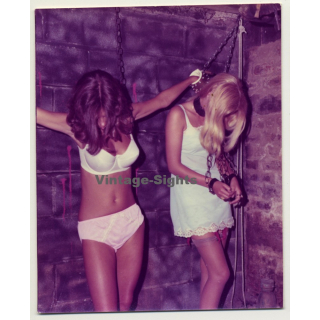 2 Slim Women Cuffed In Cellar / Panties - BDSM (Vintage Photo USA ~1970s)