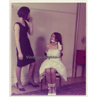 Smoking Mistress & Tied Slave Girl / Gag - BDSM (Vintage Photo USA ~1970s)