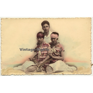 Male & 2 Female Tennis Players (Vintage Hand Colored RPPC 1926)