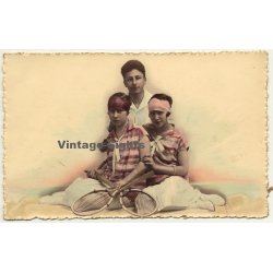 Male & 2 Female Tennis Players (Vintage Hand Colored RPPC 1926)