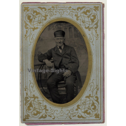 Portrait Of Old Man On Bench / Fez  (Vintage Ferrotype Photo ~1890s/1900s)