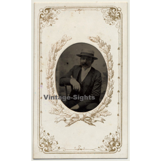 Portrait Of Man With Hat &  Moustache  (Vintage Ferrotype Photo ~1890s/1900s)