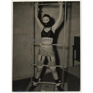 Petite Woman With Latex Face Mask Tied To Rack / BDSM (Vintage Photo  ~1950s/1960s)