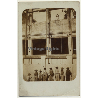 South America: Workers On Construction Site (Vintage RPPC Sepia ~1910s)