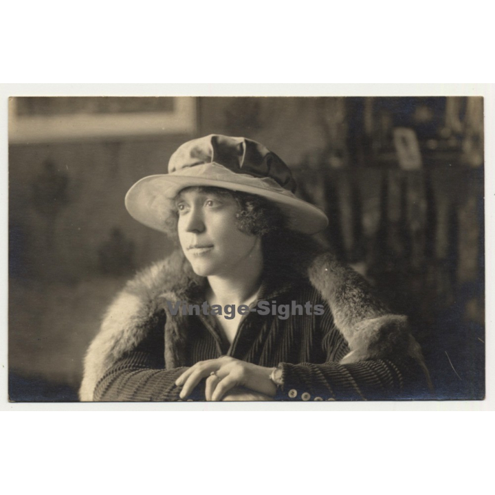 Young Woman With Lace Hat & Fur Stola (Vintage RPPC Gevaert ~1910s/1920s)