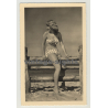 Young Woman On Wood Fence / Pin-Up - Polka Dotted Bikini (Vintage Photo Postcard: GDR 1958)