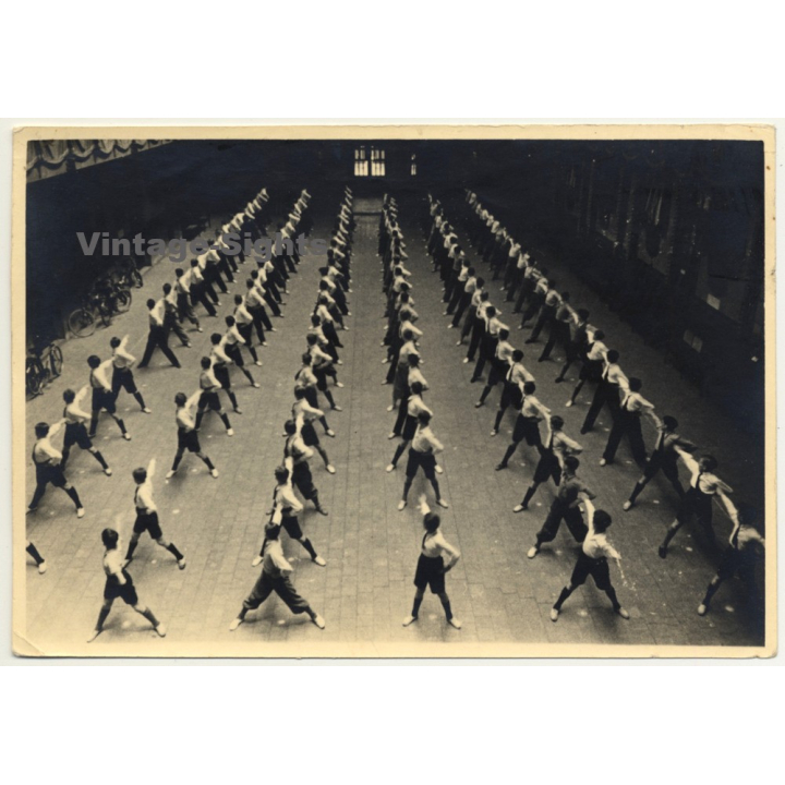 Large Group Of Pupils Doing Gymnastic Excercises *2 / Belgium? (Vintage Photo ~1920s/1930s)