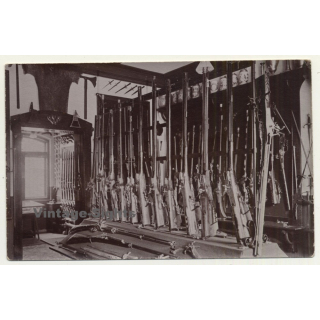 Gun Shop Exhibition: Hunting Rifles & Shotguns (Vintage RPPC Sepia ~1910s/1920s)