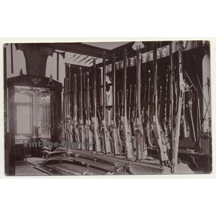 Gun Shop Exhibition: Hunting Rifles & Shotguns (Vintage RPPC Sepia ~1910s/1920s)
