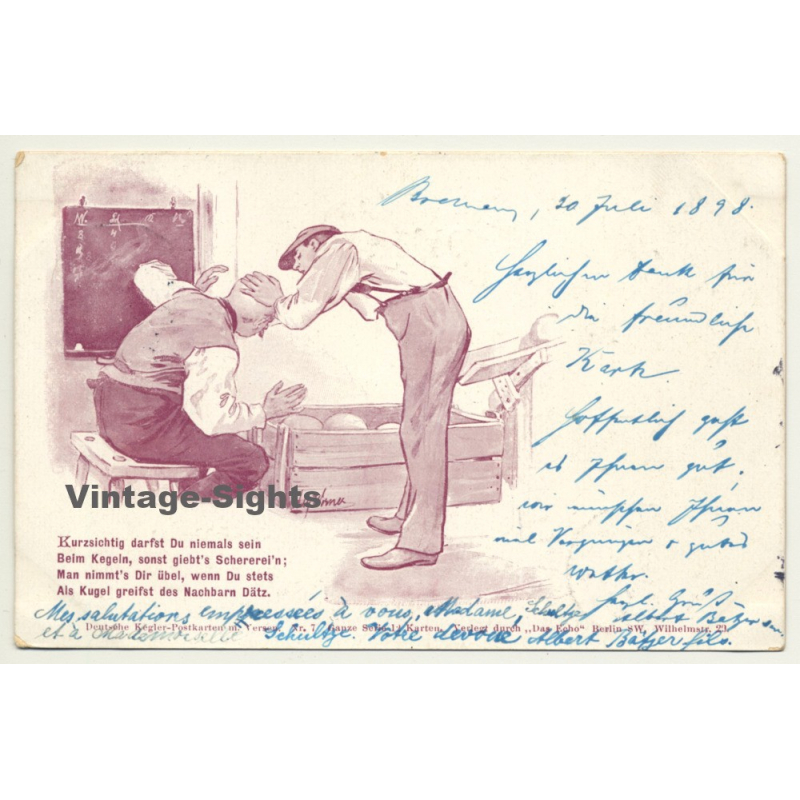 Kegeln / Bowling: Deutsche Kegler-Postkarten Nr. 7 (Vintage Funny Postcard 1898)