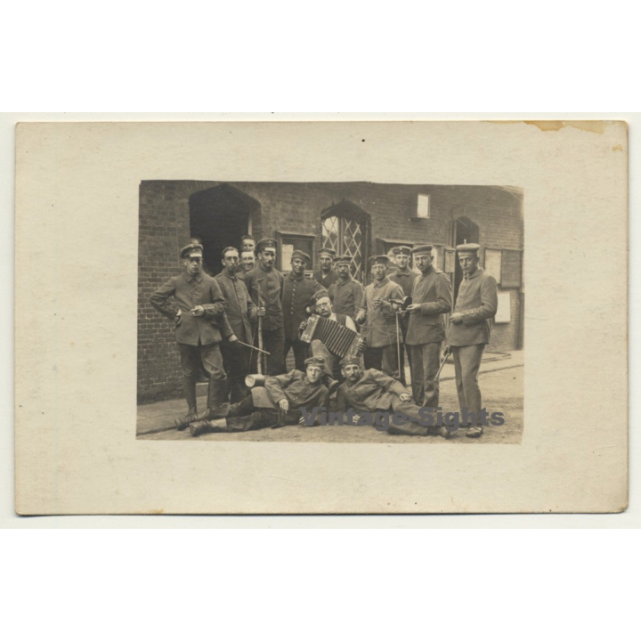 German Soldiers In The Barrack Yard / Accordion  (Vintage RPPC ~ 1910s/1920s)
