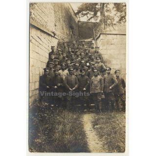 German Soldiers On Stairs Behind Barracks (Vintage RPPC ~ 1910s/1920s)