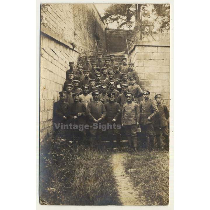 German Soldiers On Stairs Behind Barracks (Vintage RPPC ~ 1910s/1920s)