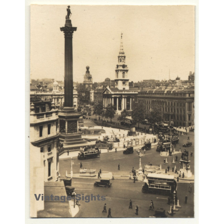 London / UK: Trafalgar Square / Double-Decker - Traffic (Vintage Photo Sepia ~1920s)