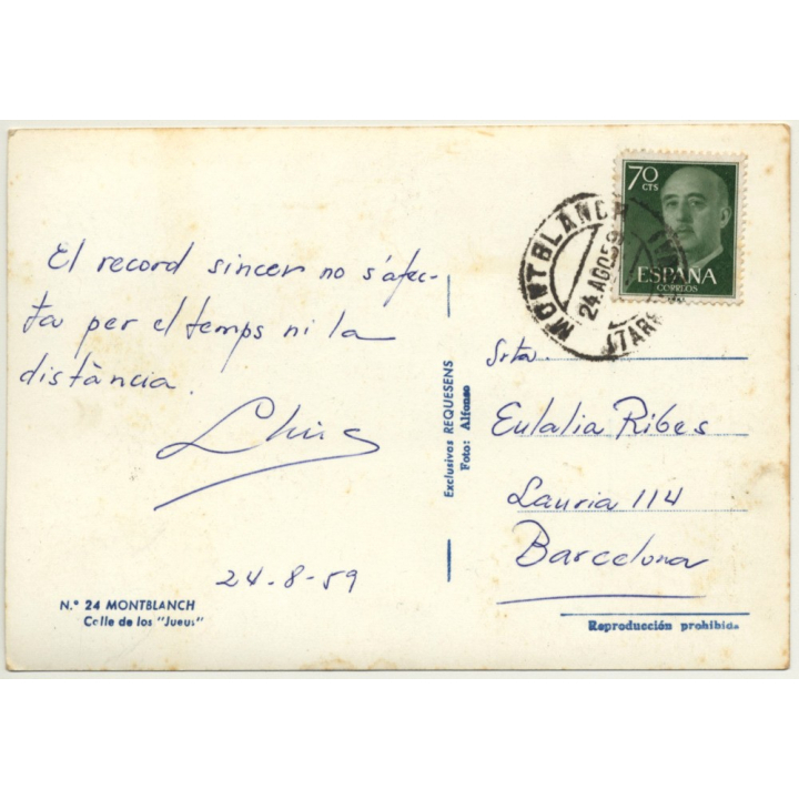 Montblanch / Tarragona: Calle De Los Jueus - Judaica (Vintage RPPC 1959)