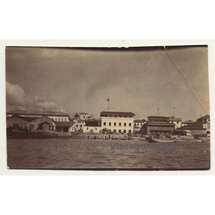Congo-Belge?: View From River Onto Town Shoreline (Vintage Photo Sepia ~1910s/1920s)