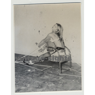 Blonde Beauty Tied On 60s Cantilever Chair / Lingerie - BDSM - 60s Interior (Vintage Amateur Photo)