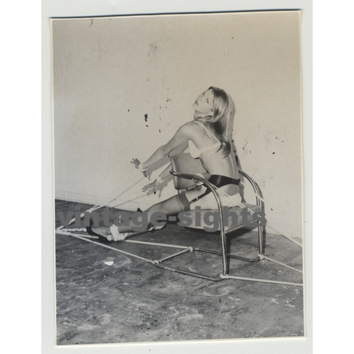 Blonde Beauty Tied On 60s Cantilever Chair / Lingerie - BDSM - 60s Interior (Vintage Amateur Photo)