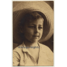 Portrait Of Pretty Boy With Straw Hat (Vintage RPPC Sepia ~1910s/1920s)