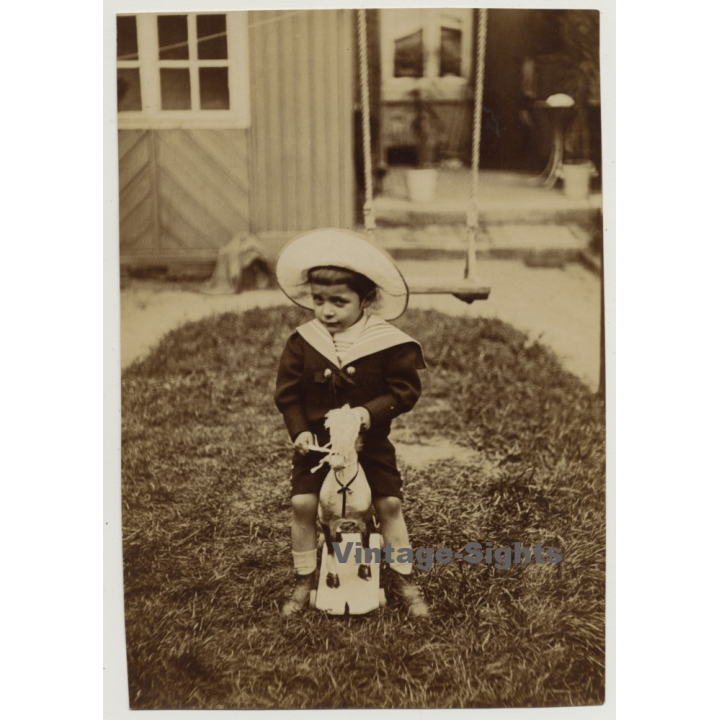 Sweet Baby Boy Outside On Rocking Horse / Sailor Suit (Vintage Photo Sepia ~1910s/1920s)