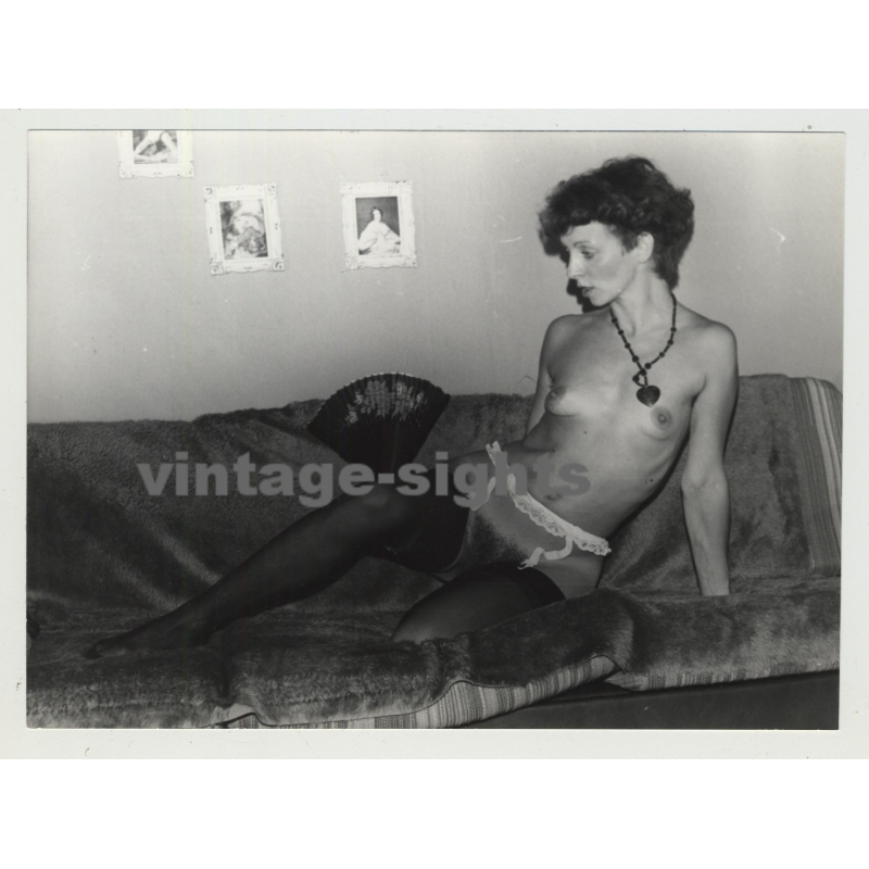 Skinny Shorthaired Nude On Couch / Suspenders - Small Boobs  (Vintage Amateur Photo)