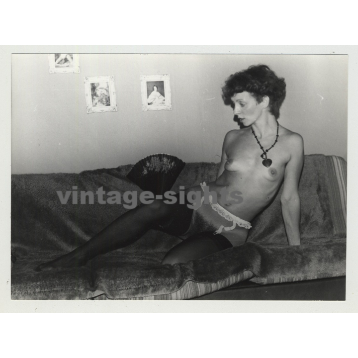 Skinny Shorthaired Nude On Couch / Suspenders - Small Boobs  (Vintage Amateur Photo)