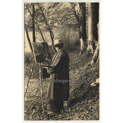 Painter With Easel In Forest (Vintage RPPC Belgium ~1930s/1940s)