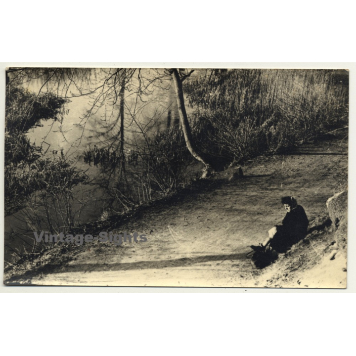 Old Woman Rests On Forest Path / Trees (Vintage RPPC Belgium ~1930s/1940s)