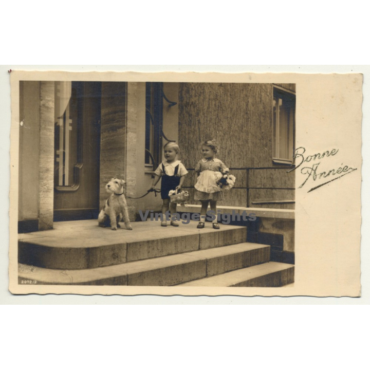 Baby Boy & Girl With Fox Terrier (Vintage Greet RPPC 1938)