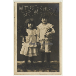 Little Girl & Boy - With Best Wishes (Vintage Greet RPPC 1906)