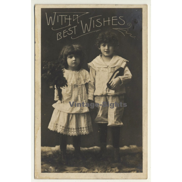 Little Girl & Boy - With Best Wishes (Vintage Greet RPPC 1906)