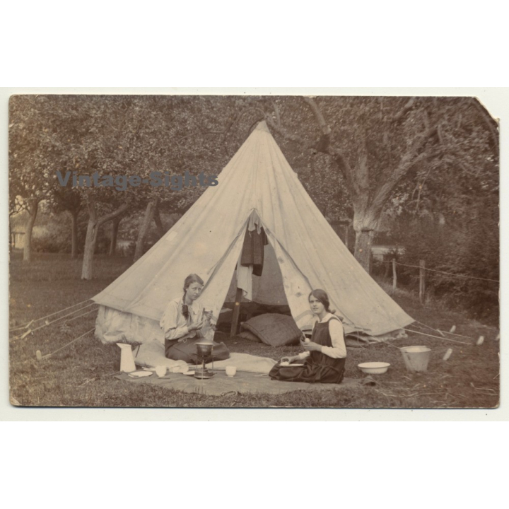 Tibberton / UK: Belgian Girls In Front Of Tent / Camping (Vintage RPPC Sepia 1916)