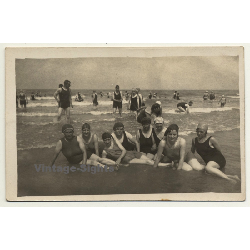 Group Of Belgian Women In The Surf / Beach - Swim Suit (Vintage RPPC ~1910s/1920s)