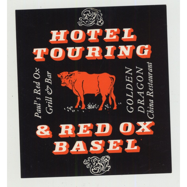 Hotel Touring & Red Ox - Basel / Switzerland (Vintage Luggage Label)